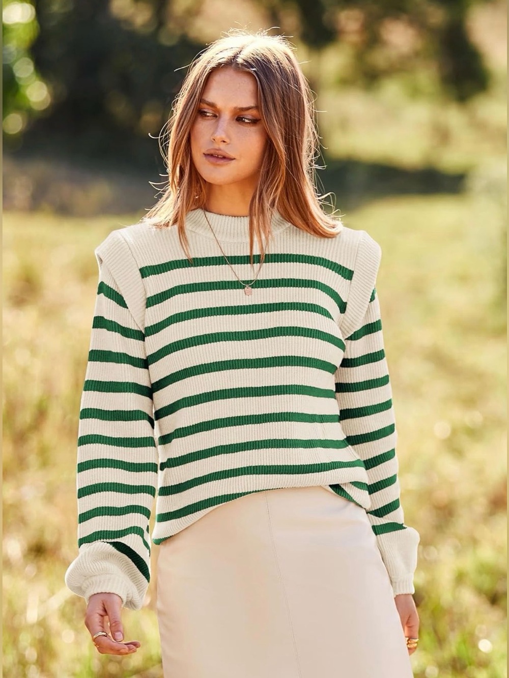 Pretty Garden Fall Sweater | Crewneck | Puff Sleeve | Striped | Ribbed